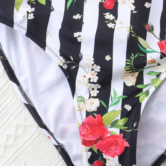 New Floral Striped Ruffled Tie Back One-Piece Swimsuit - Picture 4 of 4